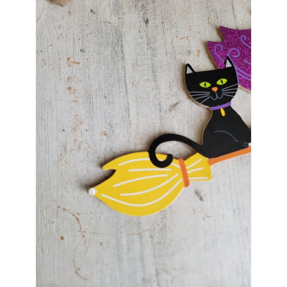 Glitter witch broom set cat AS IS Halloween sign hanging decor‎